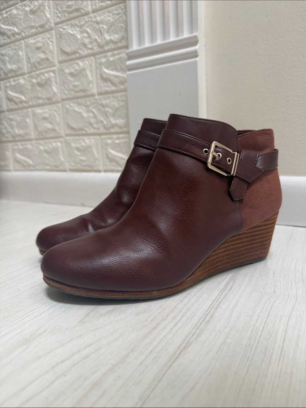 Dr. Scholl’s Vegan Suede & Leather Classic Brown Ankle Wedge Boots with Buckle